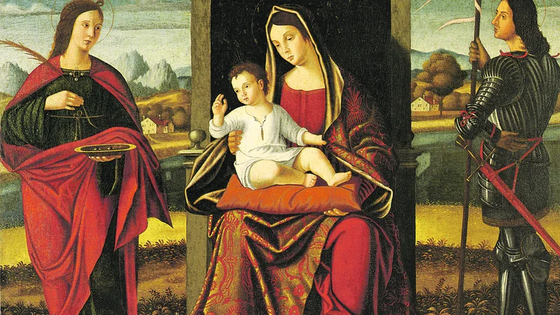 Fotografija: Benedetto Carpaccio: Marija in otrok med sv. Lucijo in sv. Jurijem, olje na platnu, 1541. Slika je bila prvotno v cerkvi v Luciji, pozneje v stavbi občine Piran, od koder je bila odpeljana v Italijo. Zdaj je v tržaškem muzeju Sartorio, skupaj z več drugimi, ki so jih odnesli iz slovenske Istre. FOTO: promocijsko gradivo