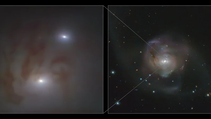 Fotografija: Črni luknji sta v galaksiji NGC 7727. Razdalja med njima je 1600 svetlobnih let. FOTO: ESO/Voggel et al.; ESO/VST ATLAS