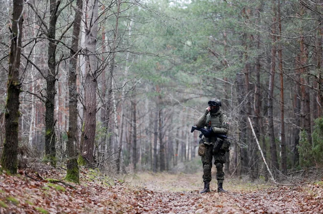 Poljski vojak ob meji z Belorusijo. Poljska je tarča hibridne operacije beloruskega režima. FOTO: Lukasz Glowala/Reuters
