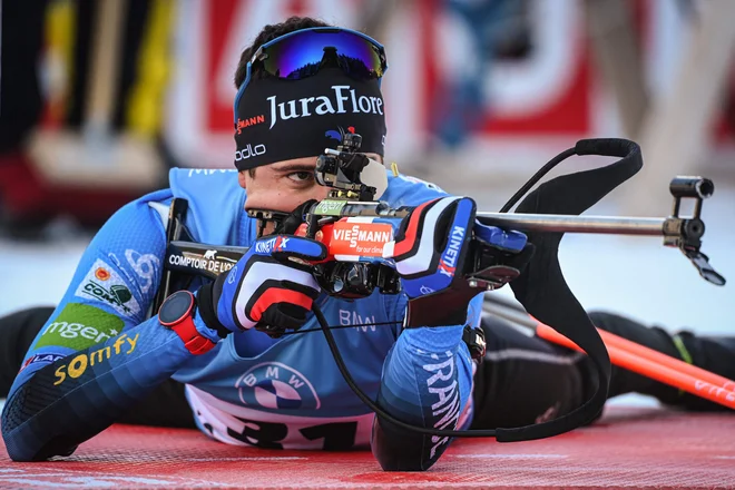 Quentin Fillon Maillet med nastopom na petkovi šprinterski preizkušnji. FOTO: Olivier Chassignole/AFP
