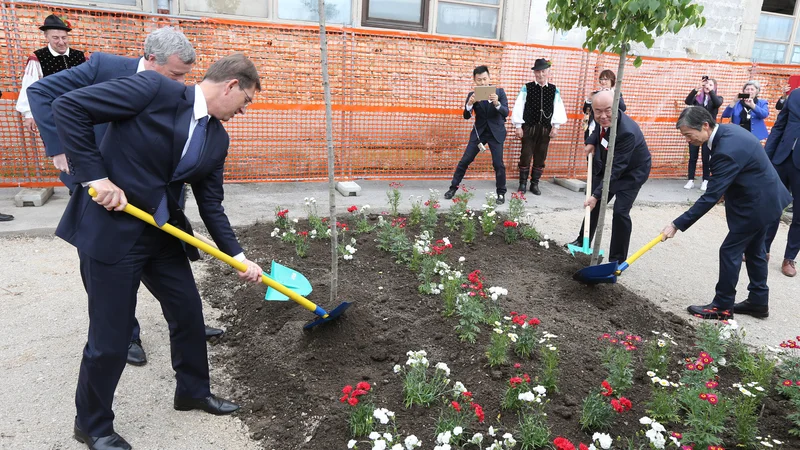 Fotografija: Tovarna medicinskih elastomerov Lonstroff je japonska investicija v Sloveniji. Ob polaganju temeljnega kamna leta 2018 so takratni predsednik vlade Miro Cerar, japonski veleposlanik v Ljubljani Keidži Fukuda ter predstavniki investitorja posadili slovensko lipo in japonsko češnjo. FOTO: Tomi Lombar/Delo