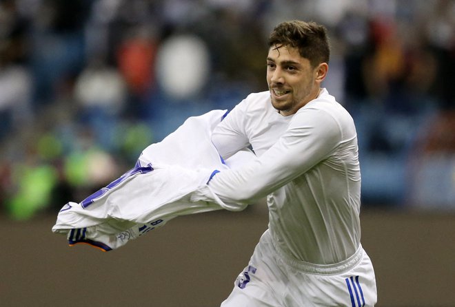 Tako se je veselil odločilnega gola Realov adut Federico Valverde. FOTO: Ahmed Yosri/Reuters
