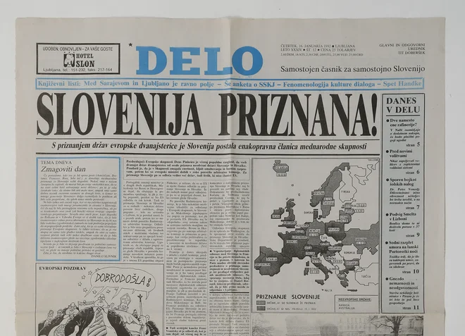 Čas osamosvajanja, ki se je formalno končal z mednarodnim priznanjem države, je pedantno spremljalo tudi Delo. FOTO:&nbsp;Leon Vidic/Delo
