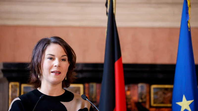 Fotografija: Annalena Baerbock se je sestala z ukrajinskim zunanjim ministrom Dmitrom Kulebo in predsednikom Volodomirjem Zelenskim, jutri pa se bo še z ruskim zunanjim ministrom Sergejem Lavrovom. FOTO: Yara Nardi/REUTERS