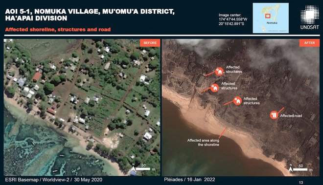 Satelitski posnetek zgradb na otočju Ha'apai v osrednjem delu Tonge pred izbruhom vulkana in cunamiji ter po njih. FOTO: Različni viri/AFP
