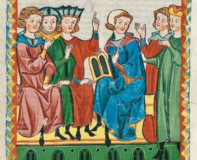 Podoba Gottfrieda (desno v sredini) na ilustraciji iz kodeksa Manesse, oziroma Velike heilderberške pesmarice minezengerjev, nemških srednjeveških ljubezenskih pesnikov. Foto Univerza V Heidelbergu
