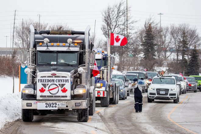 Konvoj tovornjakarjev, ki v Kanadi protestirajo proti obveznemu cepljenju proti covidu-19, je vse daljši. FOTO: Carlos Osorio/Reuters
