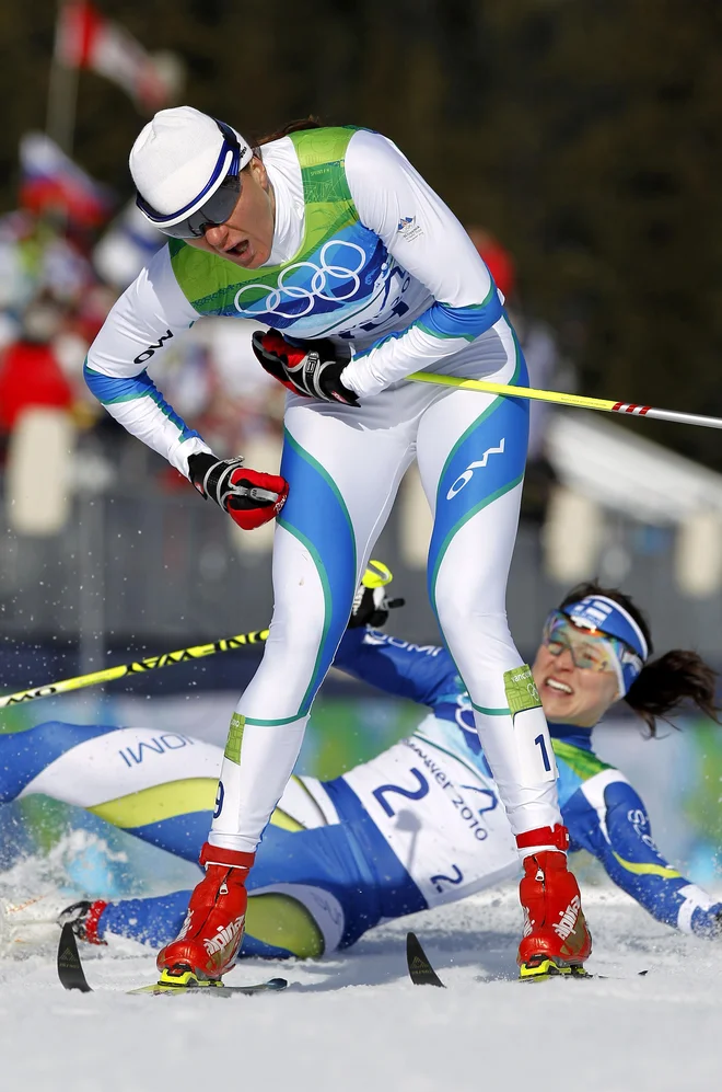 Petra Majdič na cilju četrtfinala, 17.02.2010 , v Vancouverju. FOTO:Matej Druznik/Delo
