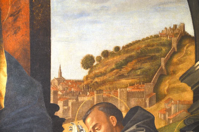 Vittore Carpaccio: Marija z otrokom in svetniki, 1518, olje, platno 210 X 280 cm, iz piranske cerkve sv. Frančiška; detajl z dobro vidnim piranskim obzidjem.

Foto: Ubald Trnkoczy

 
