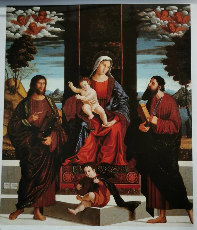 Benedetto Carpaccio, Marija na prestolu z otrokom med sv. Jernejem in sv. Tomažem, 1538, olje, platno, 98,5 X 166 cm; Pokrajinski muzej Koper

Foto arhiv ZVKD Slovenije
