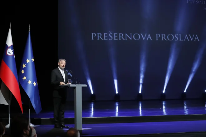 Nagovor na državni proslavi je imel Predsednik odbora&nbsp;Prešernovega sklada&nbsp;Jožef Muhovič. FOTO: Leon Vidic/Delo
