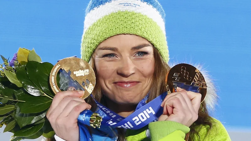 Fotografija: Tina Maze po zmagi na olimpijskem veleslalomu v Sočiju 2014. FOTO: Šamil Žumatov/Reuters
