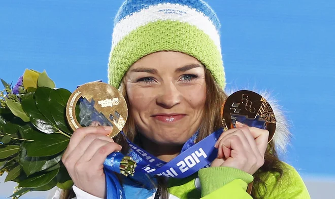 Tina Maze po zmagi na olimpijskem veleslalomu v Sočiju 2014. FOTO: Šamil Žumatov/Reuters

