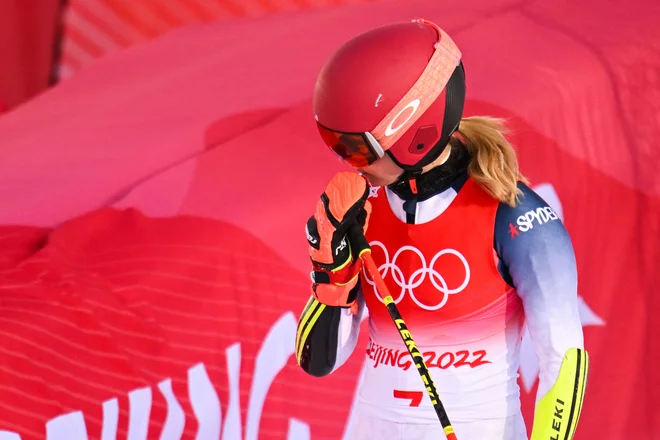 Mikaela Shiffrin (na fotografiji) po nastopu na veleslalomski preizkušnji. FOTO: Francois-Xavier Marit/AFP
