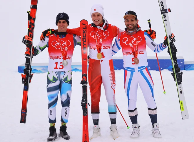 Žan Kranjec, Marco Odermatt in Mathieu Faivre so bili najboljši v veleslalomu. FOTO: Jorge Silva/Reuters
