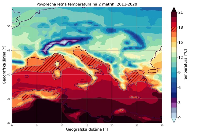 Primerjava grafik kaže premik klimatskega pasu (označeno s pikami) s povprečno letno temperaturo 17–18 stopinj Celzija za približno 500 kilometrov proti severu v 40 letih. Vir: Žiga Zaplotnik, na podlagi reanaliz vremena ERA5, ECMWF