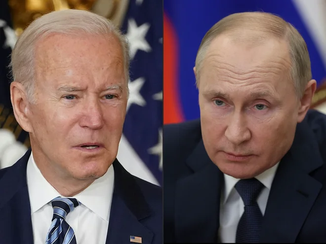 Ameriški predsednik Joe Biden&nbsp;in ruski Vladimir Putin. FOTO: Mandel Ngan/Afp
