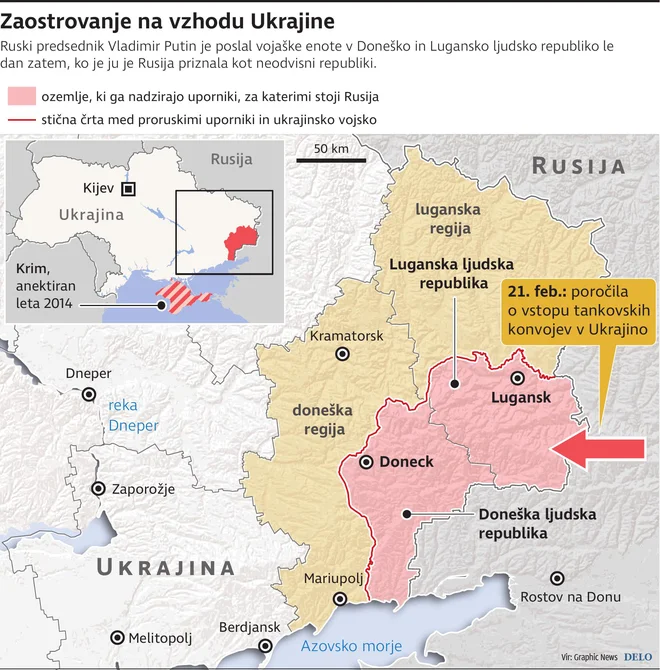 Zemljevid - zaostrovanje na vzhodu Ukrajine