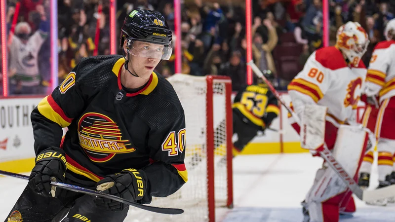 Fotografija: Elias Pettersson proslavlja gol v dvorani Rogers Arena v mreži Calgaryja. FOTO: Bob Frid/USA Today Sports