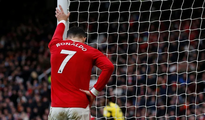 Cristiano Ronaldo med zadnjo tekmo v dresu Man. Uniteda doma proti Watfordu. FOTO: Craig Brough/Reuters
