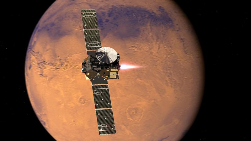 Fotografija: Satelit TGO je v Marsovi orbiti od oktobra 2016. FOTO: Esa/ATG Medialab
