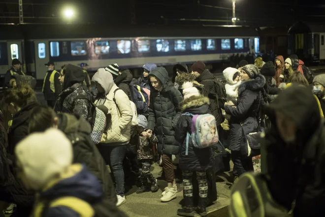 Begunci na železniški postaji Záhony ob ukrajinski meji. FOTO: Jure Eržen/Delo
