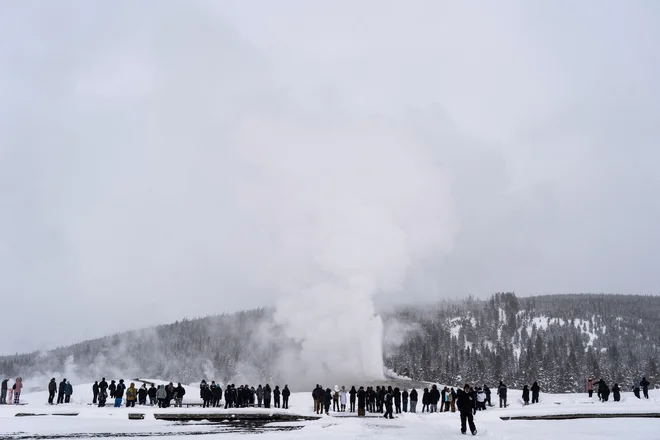 Pozimi je gejzir Old Faithful ali Stari zvesti manj obkrožen z obiskovalci. FOTO: Go Nakamura/Reuters
