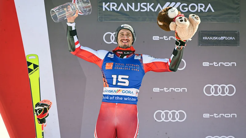 Fotografija: Stefan Brennsteiner je bil navdušen ob 2. mestu na nedeljskem kranjskogorskem veleslalomu. FOTO: Jure Makovec/AFP