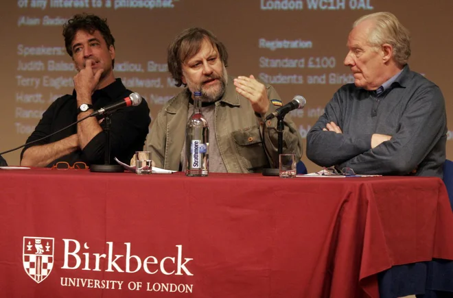 Zadnji dan konference o ideji komunizma. No fotografiji Alain Badiou (desno) in Slavoj Žižek in Michael Hardt. FOTO: Voranc Vogel/Delo
