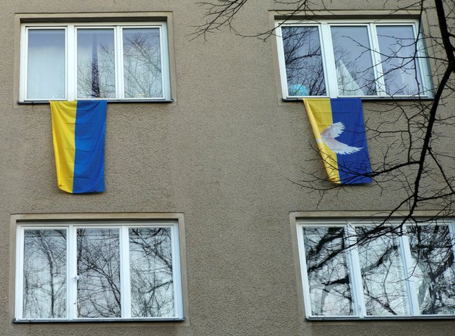Državne zastave, ki visijo v podporo Ukrajini v stanovanjski hiši v Berlinu. FOTO: Fabrizio Bensch/Reuters
