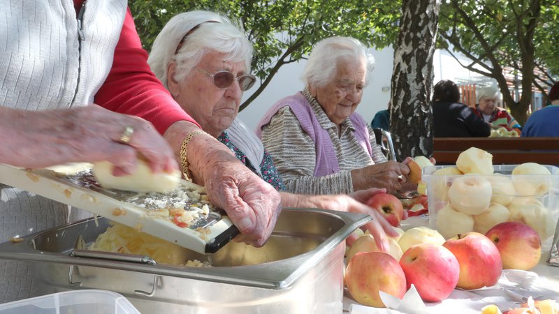 Fotografija: Različne dejavnosti so najboljša preventiva pri demenci. Na sliki je utrinek z lanske peke 21 metrov dolgega jabolčnega zavitka v domu starejših občanov na Fužinah v Ljubljani. FOTO: Dejan Javornik/Delo
