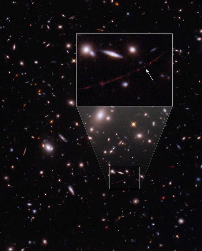 Zvezda WHL-J24.3324-8.477 ali Earendel (označena s puščico) je nastala v prvi milijardi let vesolja. FOTO: Nasa
