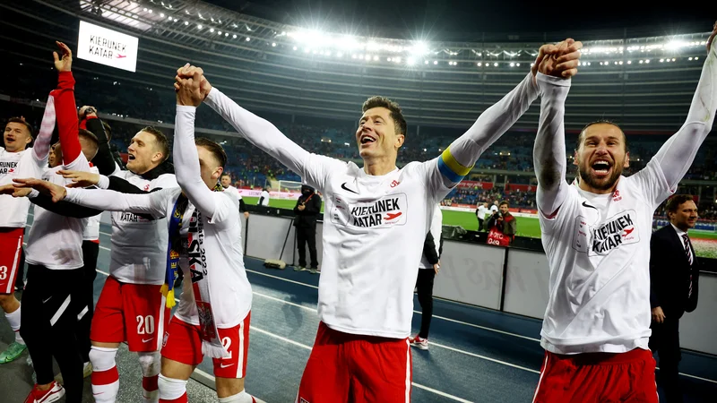 Fotografija: Robert Lewandowski se je veselil uspeha Poljakov. FOTO: Kacper Pempel/Reuters