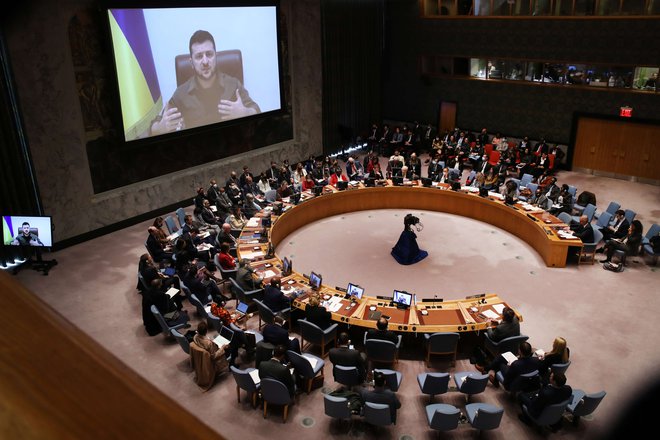 Zelenski je včeraj nagovoril varnostni svet Združenih narodov. FOTO: Spencer Platt/AFP
