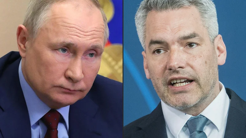 Avstrijski kancler Karl Nehammer (desno) je pri ruskem predsedniku Vladimirju Putinu iskal mir ... FOTO: Mikhail Klimentyev/Afp