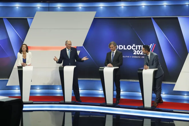 Tanja Fajon, Janez Janša, Rober Golob in Matej Tonin. Soočenje na Kanalu A. FOTO: Leon Vidic
