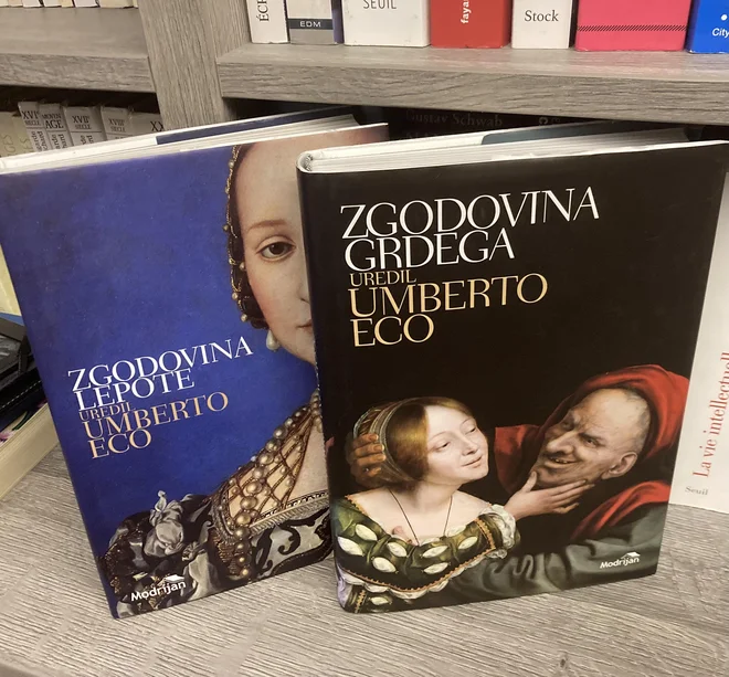 Postavim ju skupaj, krasni Ecovi knjigi, Zgodovino lepote in Zgodovino grdega.&nbsp;FOTO:&nbsp;Mimi Podkrižnik
