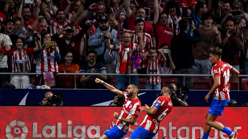 Fotografija: Yannick Ferreira-Carrasco se je takole veselil odločilnega gola na mestnem derbiju v Madridu. FOTO: Pierre-philippe Marcou/AFP
