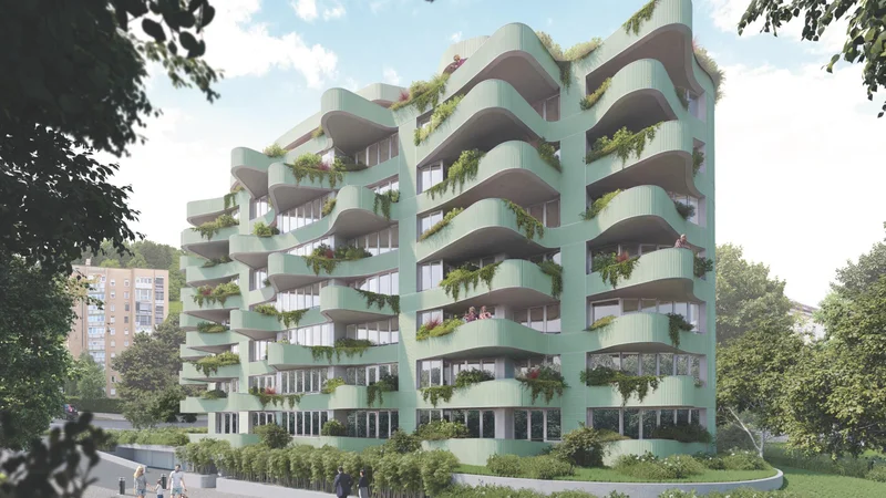 Arhitekturna zasnova te futuristične stavbe na Roški je delo arhitekturnih birojev Sadar+Vuga in GregorcVrhovec. Računalniški prikaz Ljubljana Nepremičnine