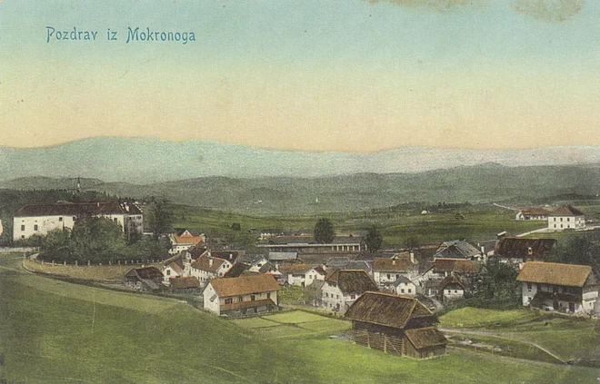 Ljubiteljski zgodovinar, mokronoški zdravnik Hinko Heferle, ki je v 60. letih spisal kroniko Mokronoga, a ni nikoli izšla, je bil prepričan, da je čeveljc v paru daroval kapelici mokronoškega gradu kak pobožen romar. Na fotografiji je razglednica Mokronoga z začetka 20. stoletja, ko je čeveljc zapustil kraj. FOTO: Hrani Dolenjski muzej Novo mesto
