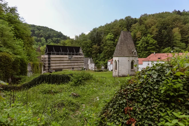 Ta čas okoli kartuzije brnijo stroji. Pomično streho naj bi dokončali do junija. FOTO: Črt Piksi/Delo
