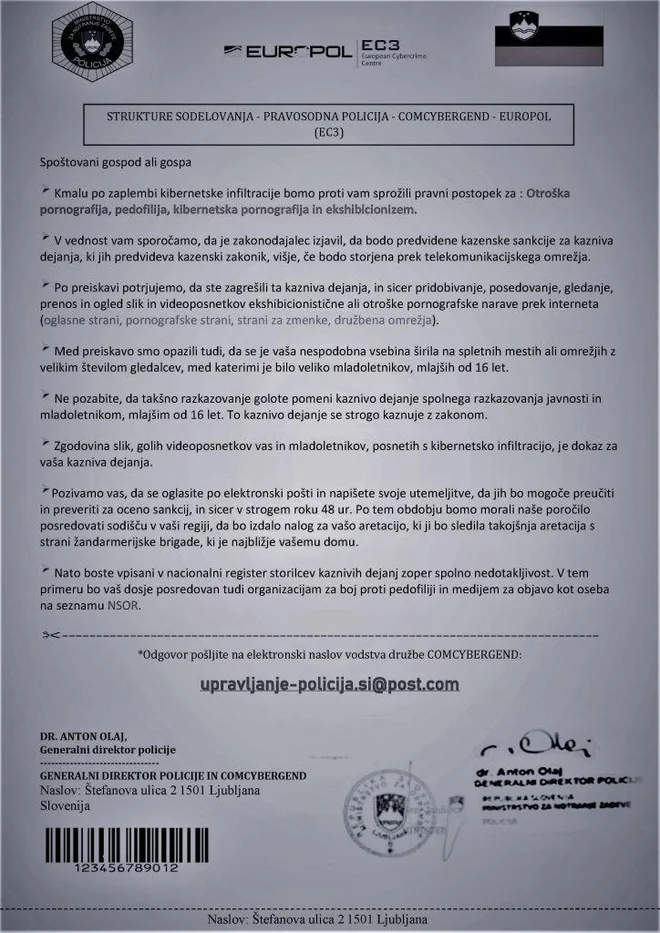 Primer lažnega elektronskega sporočila. FOTO: Policija
