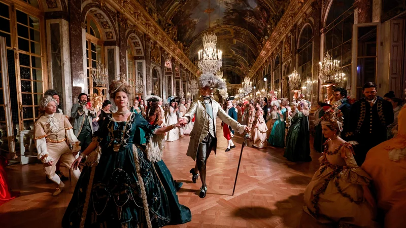 Fotografija: Gostje v kostumih baročnega sloga se sprehajajo po dvorani ogledal v palači Chateau de Versailles v okviru šeste izdaje gala večera Fetes Galantes, katerega tema je kraljeva poroka Marie Antoinette in Ludvika XVI. Namen vsakoletnega plesa v kostumih je poustvariti baročni blišč bleščečih dvornih pojedin kralja sonca, ki so bile organizirane za razkazovanje bogastva in moči najdlje vladajočega francoskega monarha. Z vstopnico, ki stane več kot petsto evrov, se lahko gostje sprehodijo po zasebnih apartmajih gradu, ki je uvrščen na seznam svetovne dediščine in ena največjih francoskih turističnih znamenitosti. Foto: Ludovic Marin/Afp