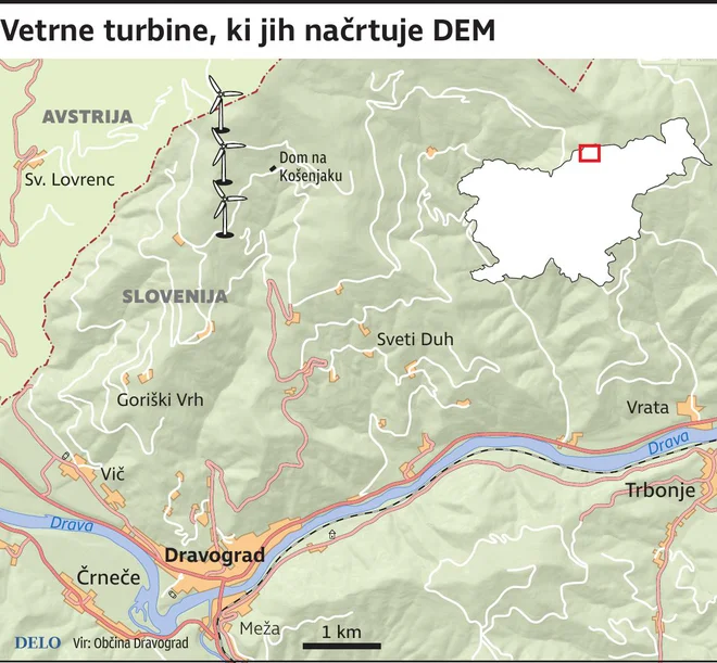 Na slovenski strani Košenjaka bodo stale tri vetrnice, na avstrijski jih bo kar osem. INFOGRAFIKA: Delo
