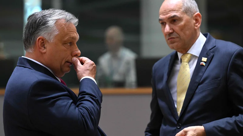 Fotografija: Madžarski premier Viktor Orbán (levo) po zmagi na volitvah še bolj samozavestno nastopa na bruseljskem odru. Janez Janša, ki se vrha EU udeležuje zadnjič, javnosti ni predstavil stališč Slovenije do tem, ki so na dnevnem redu vrha. FOTO: Emmanuel Dunand/AFP