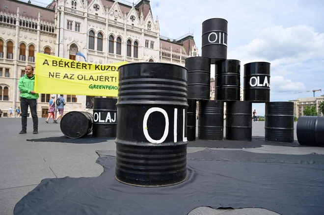 Protesti Greenpeaca pred parlamentarno palačo v Budimpešti.&nbsp; FOTO: Attila Kisbenedek/AFP
