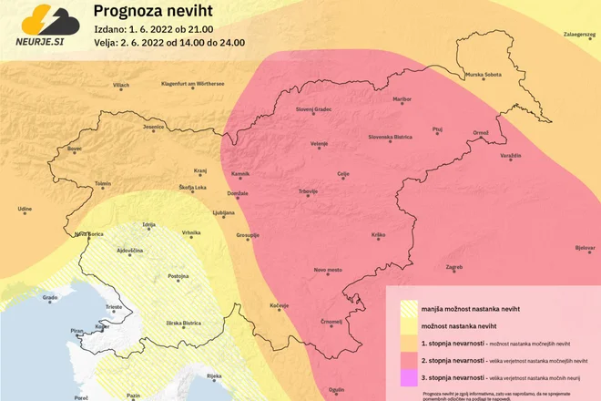 Prognoza neviht za 2. junij 2022 FOTO: Arhiv Neurje.si

