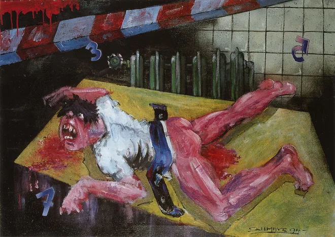 Marjan Skumavc: Miza, 1994, olje na platnu. FOTO:&nbsp;Izidor Kotnik
