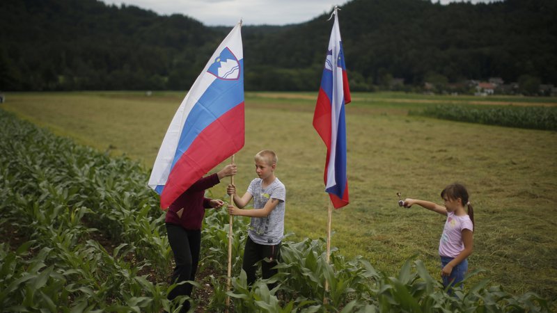 Fotografija: Družina s slovenskima zastavama pričakuje prihod kolesarjev. FOTO: Jure Eržen/Delo
