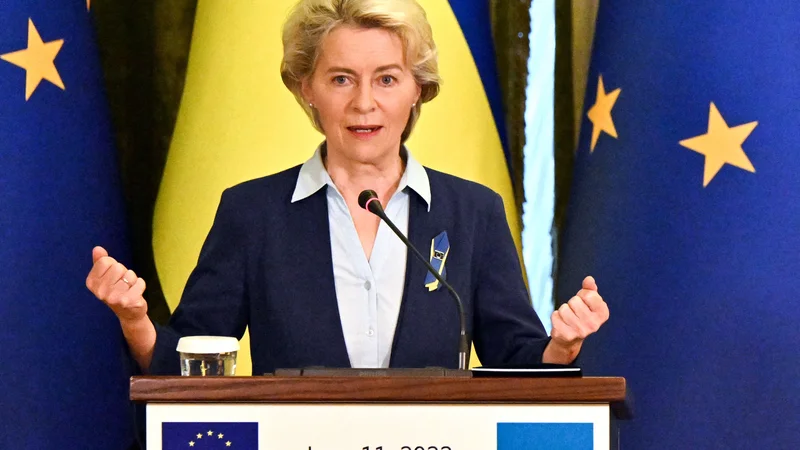 Fotografija: Ursula von der Leyen, ki je Kijev danes obiskala nepričakovano, je odziv na ukrajinsko željo po članstvu v EU obljubila že za naslednji teden. FOTO: Sergei Supinsky/AFP
